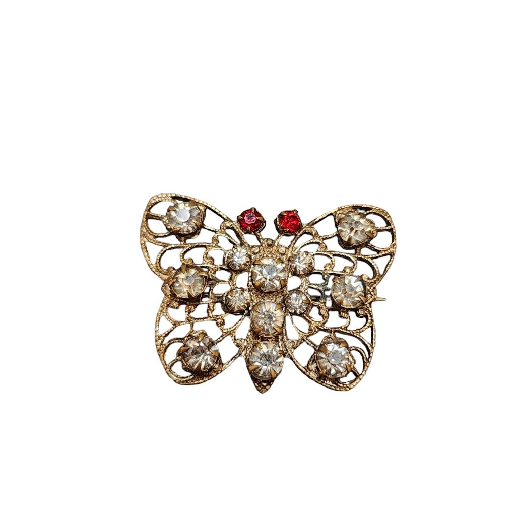 Vintage Early Rhinestone Riveted Filigree Butterfly Brooch (A3938)